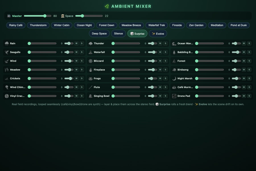 Ambient Mixer: rows of faders for rain, thunder, waves and other field recordings