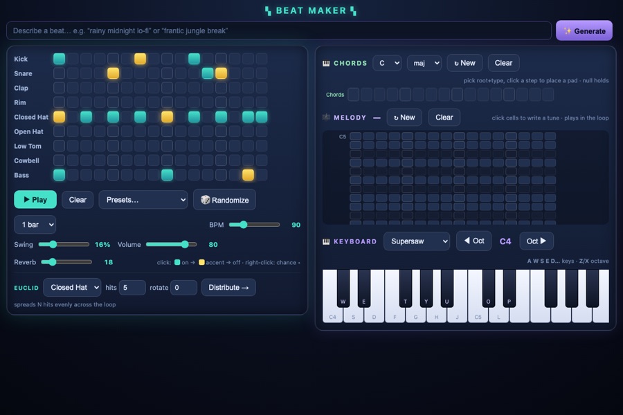 Beat Maker: a nine-lane step sequencer with a melody roll, chord pads and an on-screen keyboard