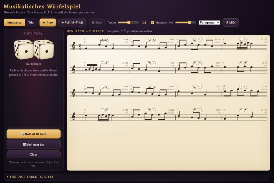Musikalisches Würfelspiel: two dice beside four staves of engraved notation