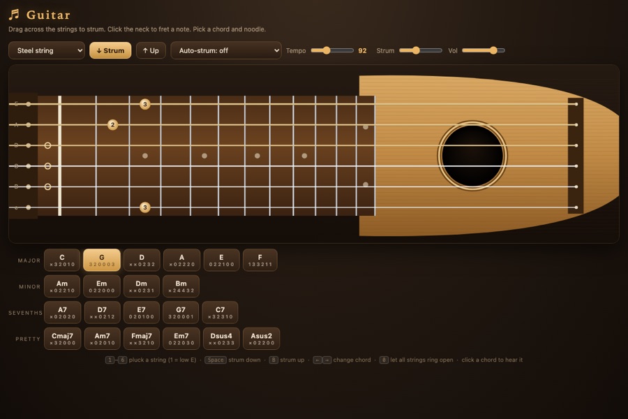 Guitar: a six-string fretboard and body with chord shapes below