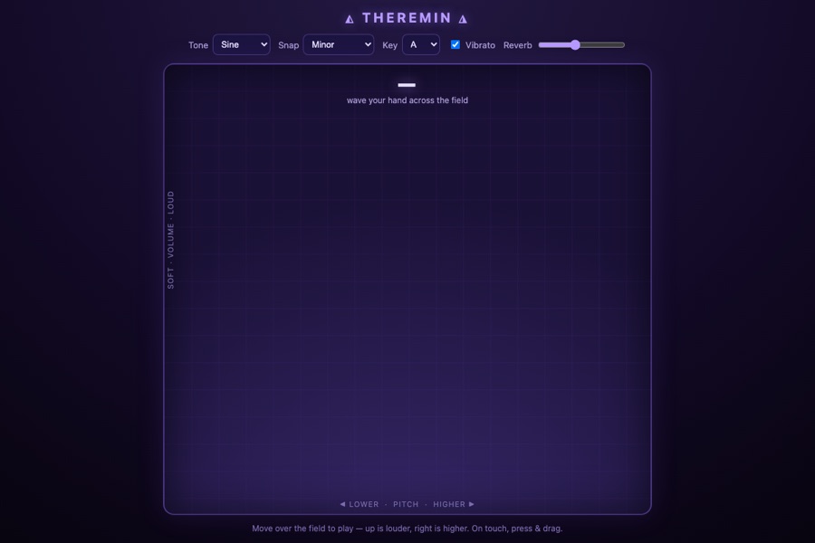 Theremin: a dark field where the pointer's position sets pitch and volume