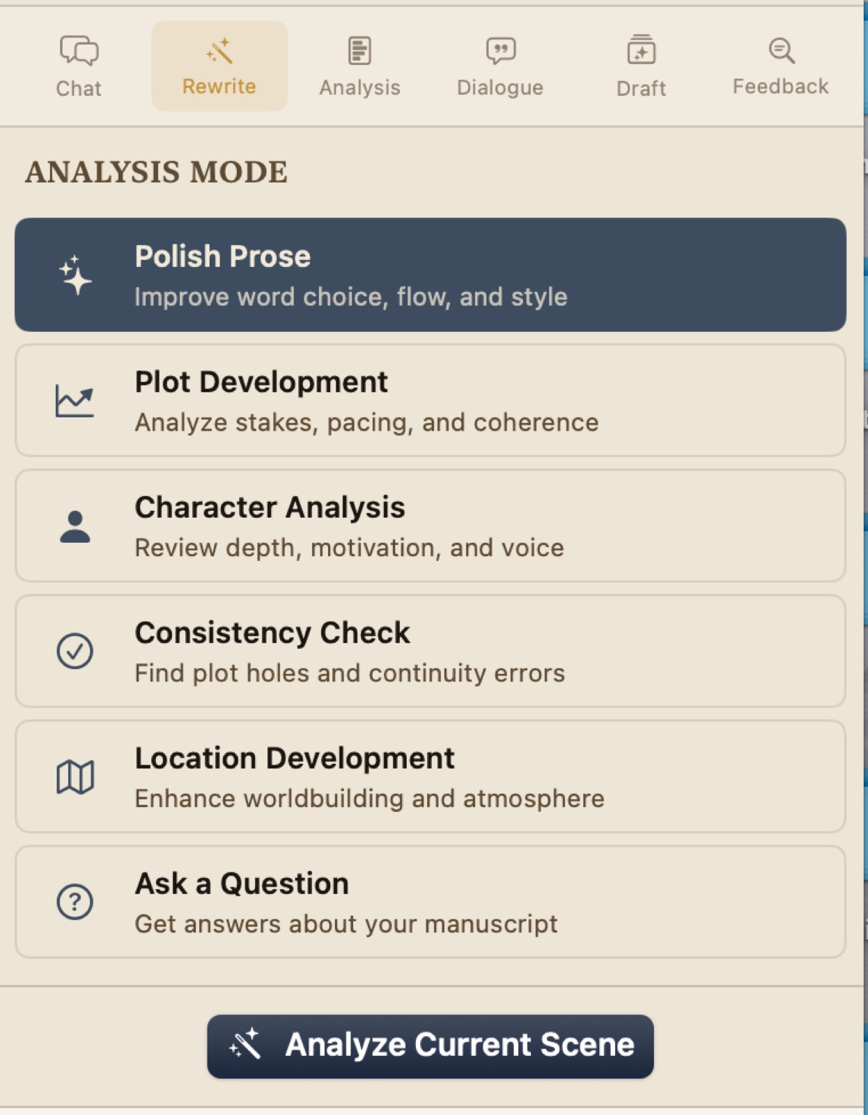 The docked AI panel with six mode tabs — Chat, Rewrite, Analysis, Dialogue,
                 Draft and Feedback — showing analysis options including Polish Prose, Plot
                 Development, Character Analysis and Consistency Check.