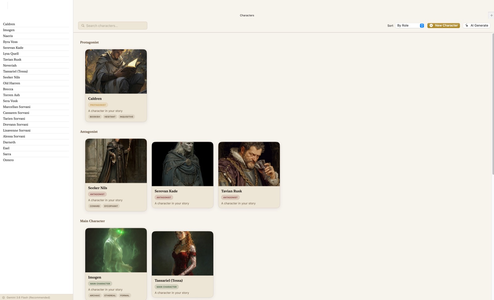 The character grid, showing illustrated portrait cards grouped under
                 Protagonist, Antagonist and Main Character headings, each card tagged with
                 the character's role and traits.