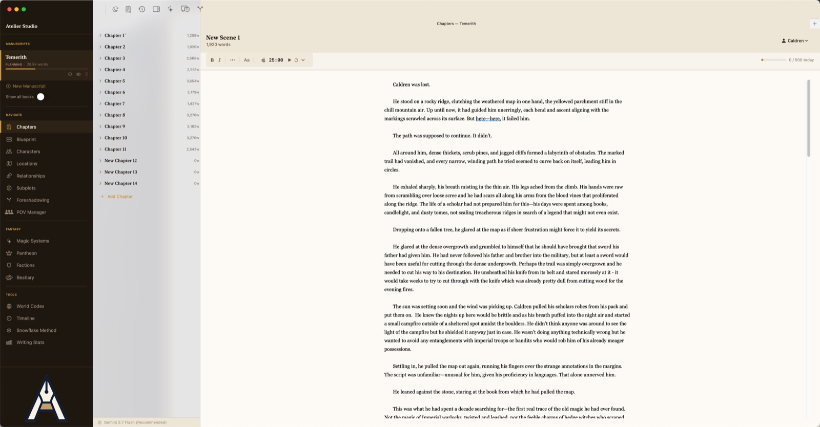 The main editor: a dark sidebar of manuscript sections, a chapter list with
               per-chapter word counts, and a scene of formatted prose with its point-of-view
               character, word count, formatting toolbar and daily goal above it.