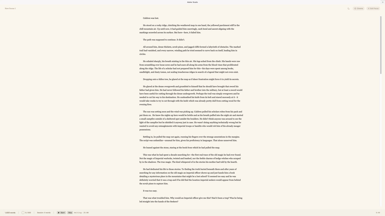 Focus mode: the interface stripped back to a single column of prose, with only
                 a scene name, word count, daily goal and a writing timer at the edges.