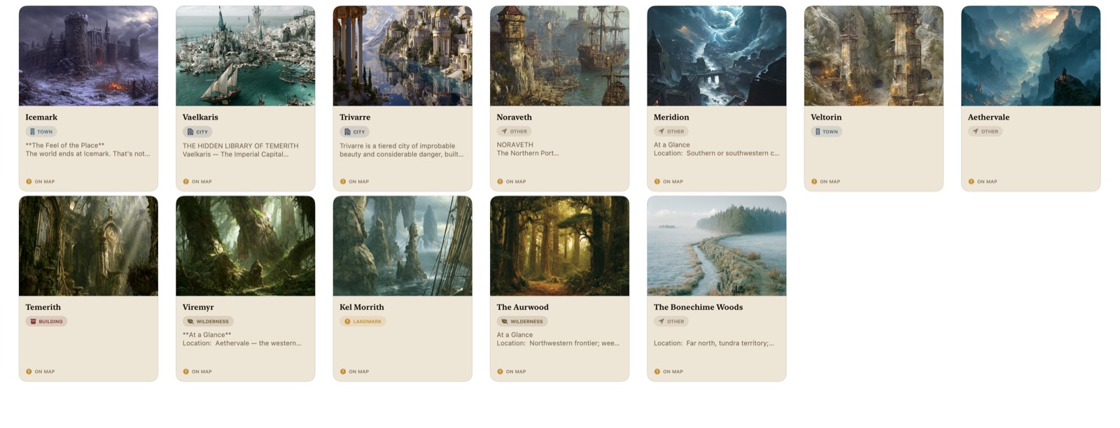 The locations grid: illustrated location cards for towns, cities,
                 wilderness and landmarks, each tagged with its type and an on-map badge.