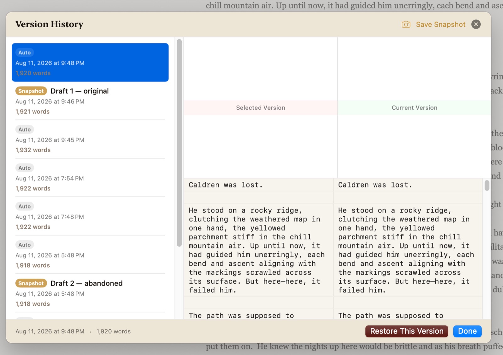 The Version History panel: a list of automatic and named snapshots with
                 timestamps and word counts on the left, and the selected version shown
                 side by side against the current one on the right.